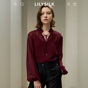 Lilysilk 100% Mulberry Silk Sheer Georgette Blouse, SZ L, Wine Colour, oversized